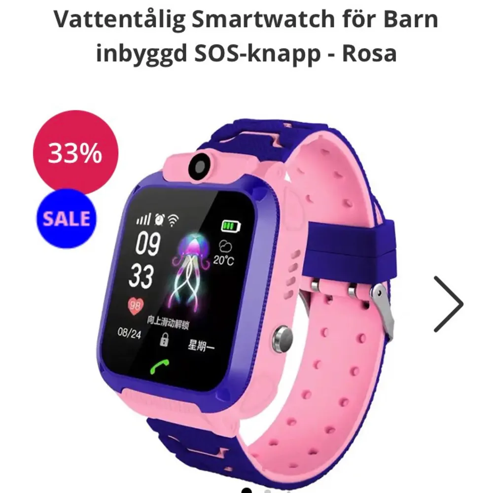 Rosa oanvänd vattentålig smartwatch för barn med inbyggd SoS knapp. Laddare tillkommer. . Accessoarer.