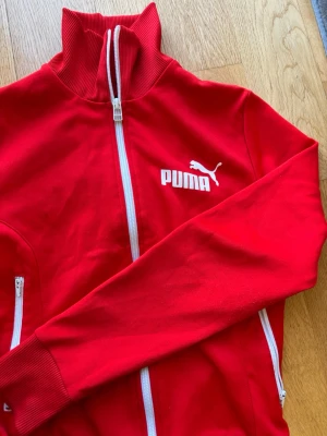 Röd ziptröja från Puma - Snygg röd ziptröja från Puma med vit dragkedja och logga på bröstet. Tröjan har hög krage, ribbade muddar och praktiska fickor med dragkedja. Perfekt för en sportig och avslappnad stil.