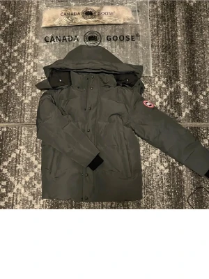 Svart dunjacka från Canada Goose - Säljer en svart dunjacka från Canada Goose med huva och klassisk logotyp på ärmen. Jackan har dragkedja och tryckknappar framtill samt ribbade muddar vid ärmsluten. Perfekt för kalla vinterdagar och riktigt snygg streetstil.