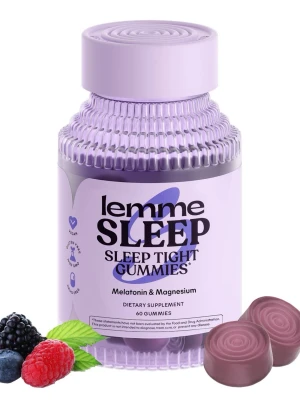 Lemme Sleep sömntabletter gummies - Oöppnad burk med lila Lemme Sleep Sleep Tight Gummies, ett kosttillskott med melatonin och magnesium. Innehåller 60 veganska gummies i bärsmak. Burken är lila och har tydlig text på framsidan. Perfekt för dig som har svårt att sova och vill ha ett smidigt tillskott i vardagen.