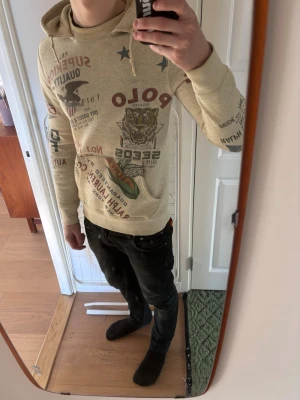 Beige hoodie från Polo Ralph Lauren - Säljer en beige hoodie från Polo Ralph Lauren med tryck i flera färger över hela tröjan. Hoodien har huva med dragsko och känguruficka framtill. Trycken inkluderar tigrar, örnar och olika vintage-inspirerade texter. Perfekt för dig som gillar streetwear och unika plagg.
