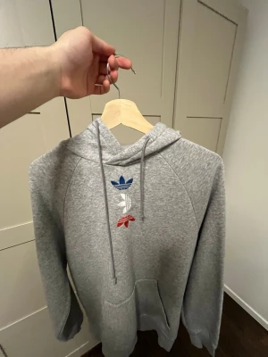 Grå Adidas hoodie med tryck - Snygg grå hoodie från Adidas med färgglada loggor framtill och på ryggen. Klassisk huva med dragsko och stor magficka. Mjuk bomullsblandning som känns skön mot huden. Kommer i storlek S men är lite mer baggy 