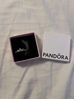 Silverring med stenar från Pandora - Säljer en elegant silverring från Pandora med gnistrande stenar i en kronliknande form. Ringen levereras i original ask och har en tunn, detaljrik ringband med små stenar längs hela bandet. Perfekt för dig som gillar stilrena och glittriga accessoarer. Aldrig använd 
