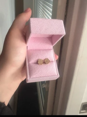Guldiga blomformade örhängen HIMO - Säljer ett par små, guldiga örhängen i form av blommor. Örhängena är täckta med gnistrande stenar som ger en lyxig känsla. Perfekta för dig som gillar eleganta och söta accessoarer. Kommer i en söt rosa ask.