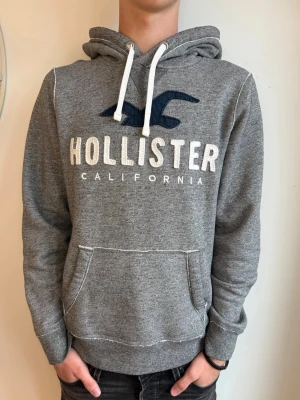 Grå Hollister hoodie med blå logga - Snygg grå hoodie från Hollister med stor vit logga och mörkblå fågel på bröstet. Tröjan har huva med vita snören och en stor magficka. Perfekt för en avslappnad och trendig stil. Mjuk och skön bomullsblandning. Strl: M passar S✅ Pris kan diskuteras!💸 Hör av dig om du har funderingar!👍