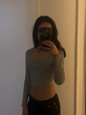 Grå croppad långärmad topp - Snygg grå croppad topp med lång ärm och rundad urringning. Perfekt till höga jeans eller kjol för en trendig look. Tunn och mjuk i materialet, sitter tight och framhäver figuren.