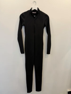 Svart ribbad jumpsuit med dragkedja - Säljer en svart, långärmad jumpsuit i ribbat material med dragkedja framtill och hög krage. Tight passform som ger en snygg siluett. Perfekt för dig som vill ha en stilren och enkel look.