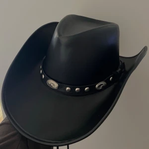 Svart cowboyhatt med metallnitar - Snygg svart cowboyhatt i konstläder med dekorerat band med silverfärgade nitar och emblem. Köpt från Bodega Partybutiken för 300 kr. Hatten har justerbart hakband. Använd endast en gång! 