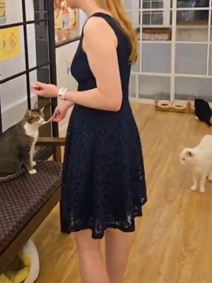 Mörkblå spetsklänning ärmlös - Snygg mörkblå klänning med spetsdetaljer och ärmlös design. Klänningen har en lätt utställd kjol som ger en feminin siluett. Perfekt för dig som vill ha en elegant look med fina detaljer. Är inte genomskinligt då den har en inbyggd underskjol (se bild 5). Säljes pga garderobs rensning. 