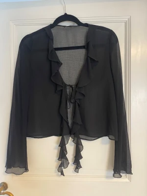 Svart transparent blus med volang Zara - Säljer en svart transparent blus med långa ärmar och volangdetaljer längs öppningen. Blusen har knytband framtill och är gjord i ett lätt och luftigt material som ger en snygg och trendig look.