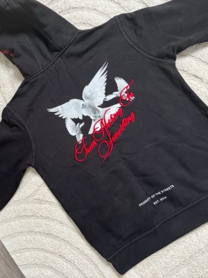 Svart hoodie Hoodrich - Svart hoodie med stor vit duv- och textprint på ryggen. Röd broderad text 'From Nothing To Something' och vit text 'Product of the Streets EST. 2014' nedtill. Klassisk huva och avslappnad passform, perfekt för streetwear-stil. För barn storlek Xl 13-15 år