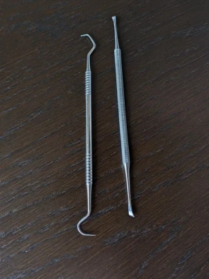 Tandstensskrapa Tandskrapa 2 Stycken - - 2 stycken olika skrapor. - Obs de har ej prislapp då de inte hade det när de köptes. - Oanvända har bara stått i en burk i ett skåp. - Ena är köpt på Apotea.och den andra minns jag ej. - Hittar inget att anmärka på men jag kan ha missat någon miniskavank men jag har försökt att granska så gott det går.