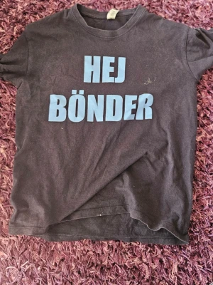 Hej bönder tröja - Svart t-shirt i bomull med stora tryckta bokstäver i blått på både fram- och baksidan. På framsidan står det 'HEJ BÖNDER' och på baksidan 'VI É DIF'. Klassisk rund hals och korta ärmar. Perfekt för dig som vill sticka ut och visa DIF-support. Kan diskutera bland priserna vid snabba affärer
