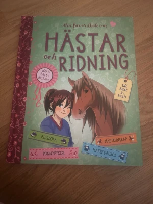 Min favoritbok om hästar och ridning - En färgglad bok med illustrationer om hästar och ridning. Perfekt för hästälskare, boken innehåller tips om ridskola, hästkunskap, ponny-pyssel och dagbok. Omslaget är grönt med tecknade figurer och hästmotiv.
