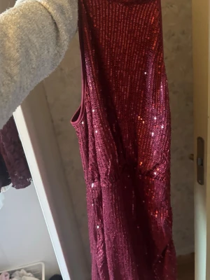 Vinröd glittrig ärmlös klänning - Säljer en vinröd ärmlös klänning med massor av glittriga paljetter. Klänningen har en rak passform och är perfekt för dig som vill sticka ut. Materialet känns mjukt och följsamt, och den är enkel att styla med accessoarer.