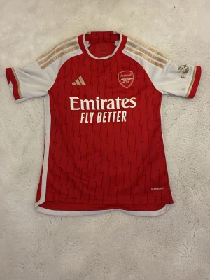 Arsenal matchtröja röd/vit Adidas - Snygg Arsenal matchtröja från Adidas i rött med vita ärmar och gulddetaljer. Tröjan har klubbmärke och sponsortryck på bröstet samt ett mönster av tunna svarta blixtar. Tillverkad i lätt och ventilerande material, perfekt för fotboll eller träning. Köpt ifrån JD sports. Pris kan diskuteras vid snabb affär!