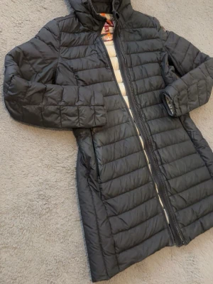 Mörkgrå lång dunjacka Parajumpers - Säljer en mörkgrå lång dunjacka från Parajumpers med huva och dragkedja framtill. Jackan har quiltad design, två sidofickor och ett snyggt märke på ärmen. Perfekt för kalla vinterdagar och riktigt skön att bära. Har dock ingen dragkedja då den har gått sönder men går att fixa själv hemma ifall man har en dragkedja hemma. Kan gå ner i priset mycket isåfall.