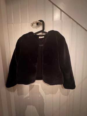 Svart fuskpälsjacka från H&M - Snygg svart fuskpälsjacka från H&M med kortare modell och rundad hals. Jackan har mjukt, glansigt material och är helsvart utan synliga detaljer eller knappar. Perfekt för att höja din outfit under kalla dagar.