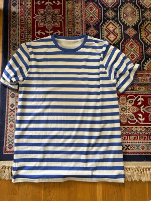 Blåvit randig t-shirt - Säljer en ljusblåvit t-shirt med klassiskt randigt mönster och rund halsringning. As nice färg och fit inför sommarn!