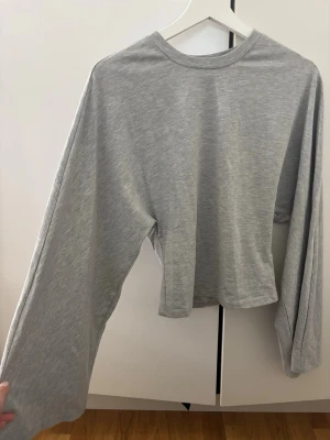 Grå figurnära långärmad topp - En enkel och stilren grå topp med långa ärmar och rund hals. Åtsittande i midjan och vida armar. Perfekt att matcha med höga jeans eller kjol för en avslappnad look.