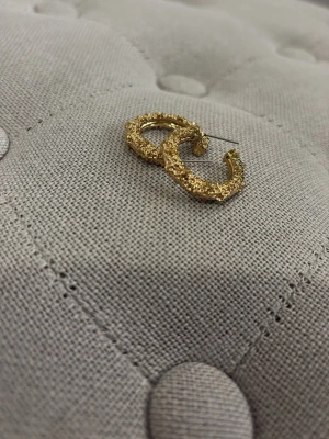 Guldiga texturerade hoops örhängen från Edblad  - Snygga örhängen i form av hoops med en unik, grov textur i guldton. De är runda och har en cool, glittrig yta som verkligen sticker ut. Perfekta för dig som vill ha något trendigt och annorlunda i smyckeskrinet.
