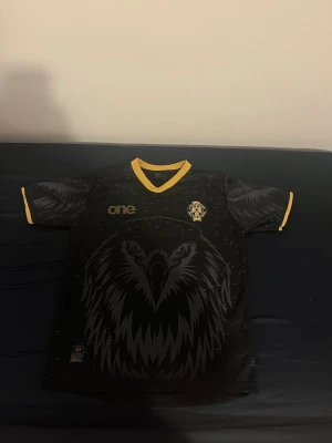 Svart Raja Casablanca tröja med örnmotiv - Säljer en svart Raja tröja från one med stort örnmotiv på både fram- och baksidan. Tröjan har gula detaljer vid krage och ärmslut samt klubbmärke på bröstet. Tillverkad i ett lätt och ventilerande material, perfekt för träning eller match.