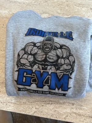 Grå Ironville Gym hoodie med tryck - Säljer en grå hoodie från Ironville med ett stort, coolt gorilla-tryck och texten 'GYM' i blått och svart på framsidan. Hoodien har huva och är gjord i mjukt bomullsmaterial, perfekt för gymmet eller chill. Snygg streetwear-vibe för dig som gillar att sticka ut.