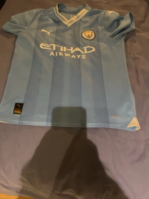 Manchester City matchtröja Puma - Snygg ljusblå Manchester City matchtröja från Puma med klubbmärke och Etihad Airways-tryck på bröstet. Tröjan har vita detaljer vid kragen och axlarna samt diskreta ränder framtill. Perfekt för fotbollsträning eller att bära till vardags.100% äkta köpt i England 