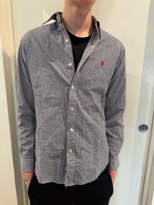 Rutig Polo Ralph Lauren skjorta - Säljer en blå vit rutig polo Ralph lauren skjorta i storlek S. Modellen på bilden är 193 cm och väger 68 kg.