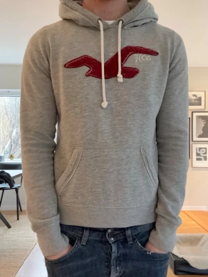 Grå Hollister Hoodie - Grå Hollister Hoodie, Väldigt rare & clean look för vardagen. Storleksmässigt är den Small med en slim passform, hade passat ngn 178cm & neråt👍‼️Priset är inte hugget i sten‼️Står ”HCO” på bröstet vilket står för Hollister Company. Säljer denna eftersom den var alldeles för kort enligt mig, jae 184. 💯Storlek L men stämmer inte alls!