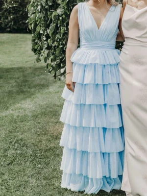 Ljusblå långklänning med volanger - Supersnygg ljusblå balklänning med djup v-ringning och breda axelband. Hade balen 2025 och därmed endast använd 1 gång. Då jag är 162cm behövde jag sy upp den (klippa av nedersta lagret), samt fixade jag till banden längst upp (sista bilden), men ser ut exakt som de gjorde när de ej va uppsydda. Klänningen är köpt för 1800kr och har inga defekter eller liknande. Då jag gått med den utomhus är den lite smått mörk längst ner men superlätt att få bort, något jag tar bort innan jag skickar.