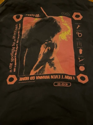 Post Malone Svart hoodie från Posty Co. - Svart hoodie från Posty Co. med stor ficka framtill och huva. Framsidan har en liten logga i orange, medan baksidan har ett stort grafiskt tryck i orange och beige med texten 'I DON'T EVEN WANNA GO HOME'. Post Malone