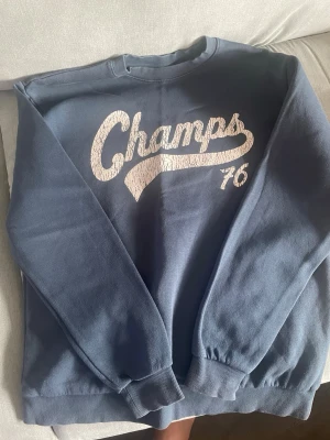 Blå sweatshirt med tryck Champs 76 - Mörkblå sweatshirt med vit text 'Champs 76' framtill i retrostil. Tröjan har rund hals, långa ärmar och ribbade muddar vid ärmslut och nederkant. Perfekt för en avslappnad och sportig look.