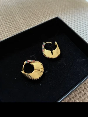 Guldpläterade örhängen med stenar  - Örhängen i 14k guldpläterat stål med färgade stenar. Nyskick. Ca 2 cm stora. Köpta för 950kr på Walk in my closet när de låg på Östermalm.  Asken hör inte till utan används för att visa upp örhängena.