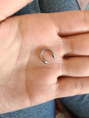 Silvrigt ringformat örhänge med spetsar - Säljer ett silvrigt örhänge i ringform med två spetsiga ändar. Örhänget har en minimalistisk och edgy design, perfekt för dig som gillar en stilren look. Materialet ser ut att vara metall och färgen är klassiskt silver.