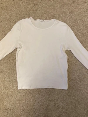 Vit ribbad långärmad topp - En enkel och stilren vit långärmad topp med rund halsringning och ribbad struktur. Perfekt att matcha med jeans eller kjol för en clean look.
