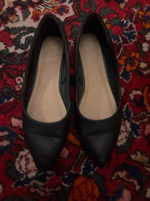 Svarta ballerinaskor med spetsig tå - Säljer ett par klassiska svarta ballerinaskor med spetsig tå och låg klack. Skorna har en enkel och stilren design med beige innersula. Använt fåtal gånger och de har inga skavanker 🩷
