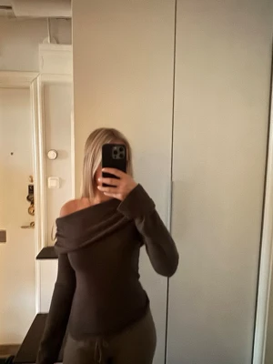 Brun offshoulder stickad topp - Säljer en brun offshoulder stickad topp med lång ärm. Toppen har en bred, vikt krage som ger en snygg och trendig look. Perfekt för dig som gillar en lite mer unik och stilren stil.