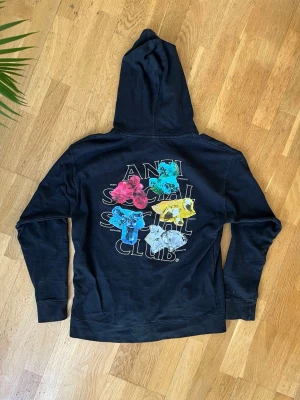 Svart hoodie från Anti Social Social Club - Svart hoodie från Anti Social Social Club med färgglada kristaller och stor logga på ryggen. Mindre logga med kristaller på bröstet. Klassisk känguruficka och dragsko i huvan. Perfekt för dig som gillar streetwear och vill sticka ut. Storlek L men sitter mer som M.