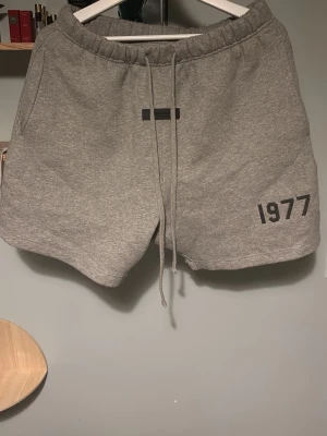 Essentials shorts 1977 - Grå sweatshorts med trycket '1977' på vänster ben och snörning i midjan. Mjuk och bekväm modell med elastisk midja och två sidofickor. Perfekta för chill eller träning.