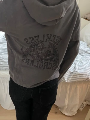 Reckless Scholars hoodie - Supercool och unik Reckless Scholars hoodie i grått. Lappen där bak är bortklippt så står ingen storlek men skulle säga att den passar mig som brukar ha storlek S! Använd ett fåtal gånger så är fortfarande i bra skick, bortsett från två stenar som trillat av på baksidan men det syns bara om man tittar nära.