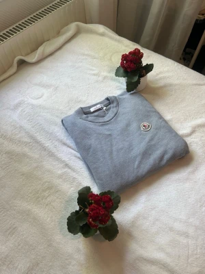Ljusgrå sweatshirt från Moncler - Snygg ljusgrå sweatshirt från Moncler med rund halsringning och klassisk logotyp-patch på bröstet. Tröjan har en enkel och stilren design som passar perfekt till jeans eller joggers. Mjuk bomullskvalitet för extra komfort.