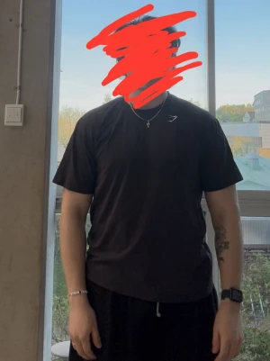 Svart t-shirt från Gymshark Large - Svart t-shirt från Gymshark med diskret logga på bröstet. Klassisk passform med rund hals och korta ärmar. Perfekt för träning eller chill vardagsstil. Storlek Large och det är några hål på nedre delev av magen.