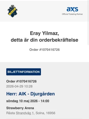 Biljett AIK-Djurgården 10 maj 2026 - Säljer två digital biljett till fotbollsmatchen AIK mot Djurgården på Strawberry Arena i Solna. Matchen spelas söndag 10 maj 2026 kl 14:00. Perfekt för dig som vill uppleva ett klassiskt Stockholmsderby live.
