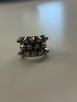Silvrig ring från edblad - Cool ring i silverfärgad metall med två rader av spetsiga nitar runt hela ringen. Perfekt accessoar för dig som gillar en edgy och alternativ stil.