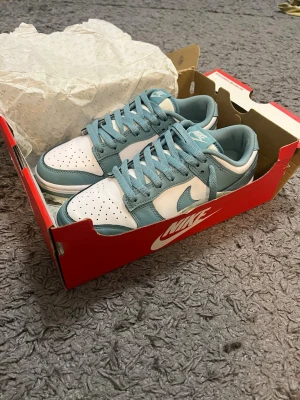 Nike Dunk Low blå/vit sneakers - Nike Dunk Low sneakers i fräscha blå och vita färger. Skorna har klassisk låg siluett, vit tåbox med perforeringar och blått läder runtom. Tjocka blå skosnören och Nike-logga på plös och innersula. Perfekta för dig som gillar stilrena och sportiga sneakers. Storlek 38,5.