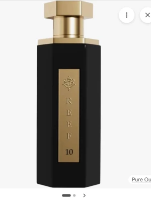 Reef 100 parfym svart och guld - Lyxig parfymflaska från Reef i svart och guld med elegant, sexkantig form och metallisk etikett. Flaskan har en exklusiv känsla med detaljer i guld och tydlig logga framtill. Perfekt för dig som gillar stilrena och moderna doftflaskor.