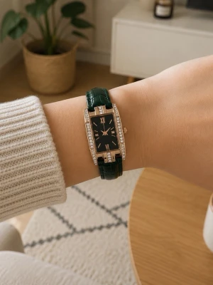 Grön klocka med rektangulär urtavla - Stilren klocka med mörkgrönt, glansigt armband och rektangulär svart urtavla. Boetten är guldfärgad och dekorerad med gnistrande stenar längs kanterna. Romerska siffror och tunna visare ger en elegant touch. Perfekt accessoar för att lyfta din outfit.