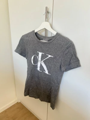 Grå Calvin Klein t-shirt - Snygg grå t-shirt från Calvin Klein med stort vitt CK-tryck på bröstet. Klassisk passform och rund halsringning. Perfekt till jeans eller shorts för en avslappnad look.
