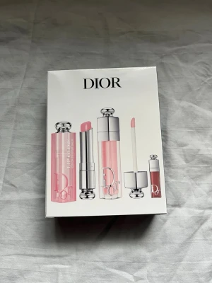Dior läppstift och gloss set - Säljer ett exklusivt läppstift- och gloss set från Dior. Setet innehåller ett rosa läppstift, ett matchande läppglans och ett flytande läppstift, alla i snygga silver- och rosatonade förpackningar med Dior-logga. Perfekt för dig som älskar lyxiga och trendiga läpprodukter.